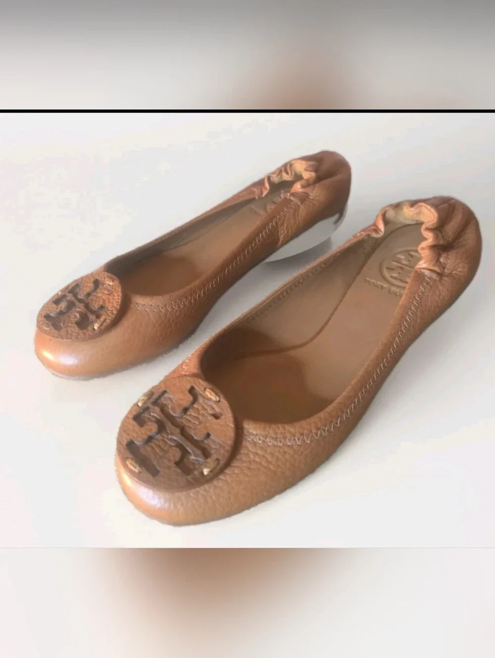 Tory Burch Caramel Leather Logo Ballet Flats Sz 4.5-WM